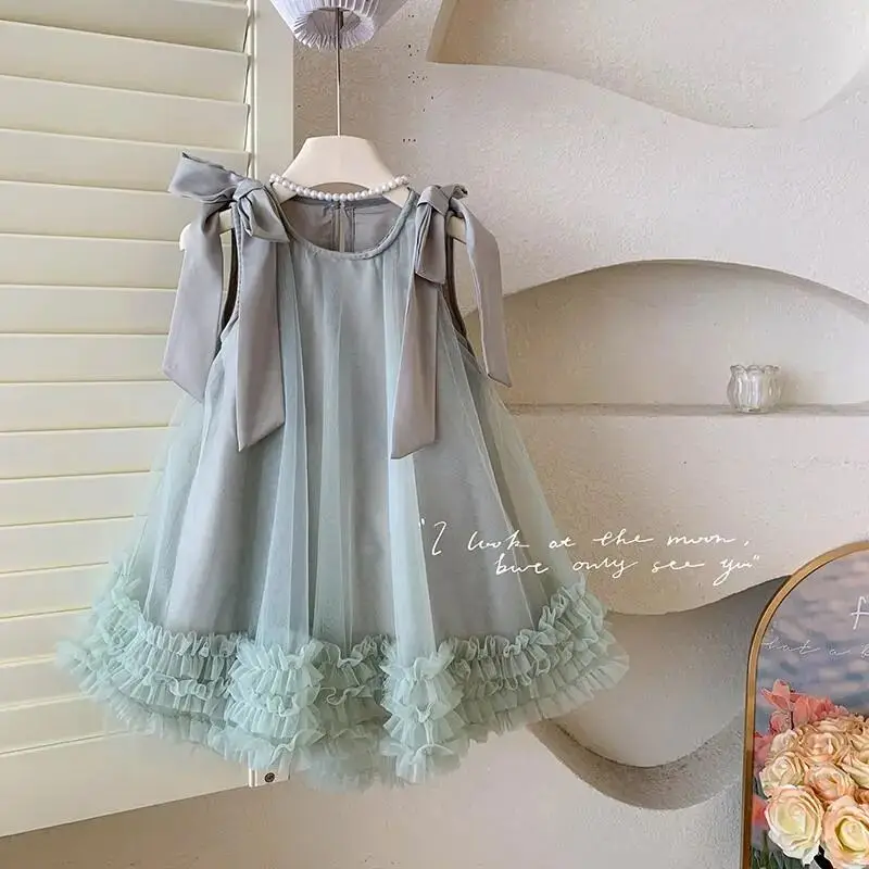 Summer Korean Edition Girls New Sleeveless Bow Solid Color Sweet and Gentle Princess Dress Childrens Trend