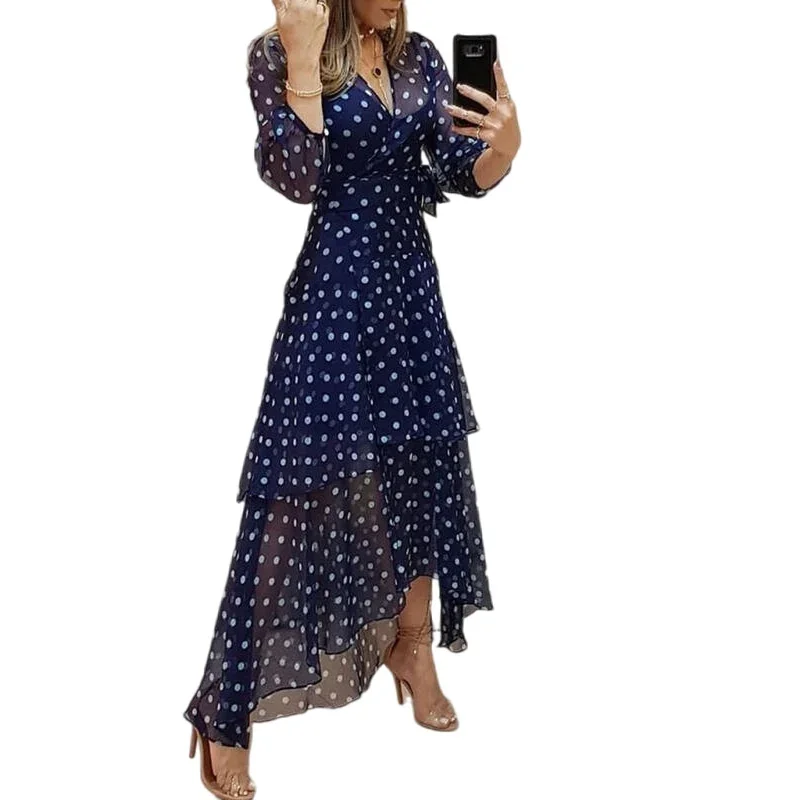 Elegant Party Dress Fashion Dot Printing Dark Blue Pleated Irregular Evening Dresses Casual V-Neck Higt Waist Dress Vestidos