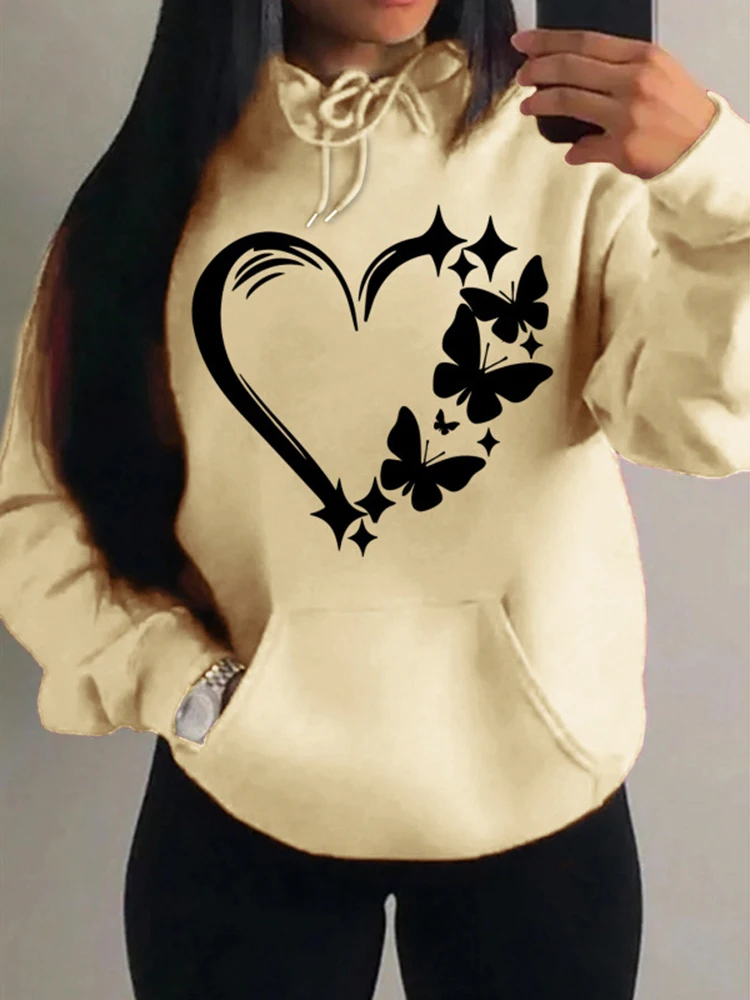 Combination Of Love And Butterfly Pattern Sweater Women Hip Hop Street Hoodies Trendy Pocket Clothes Vintage Multicolor Hoody
