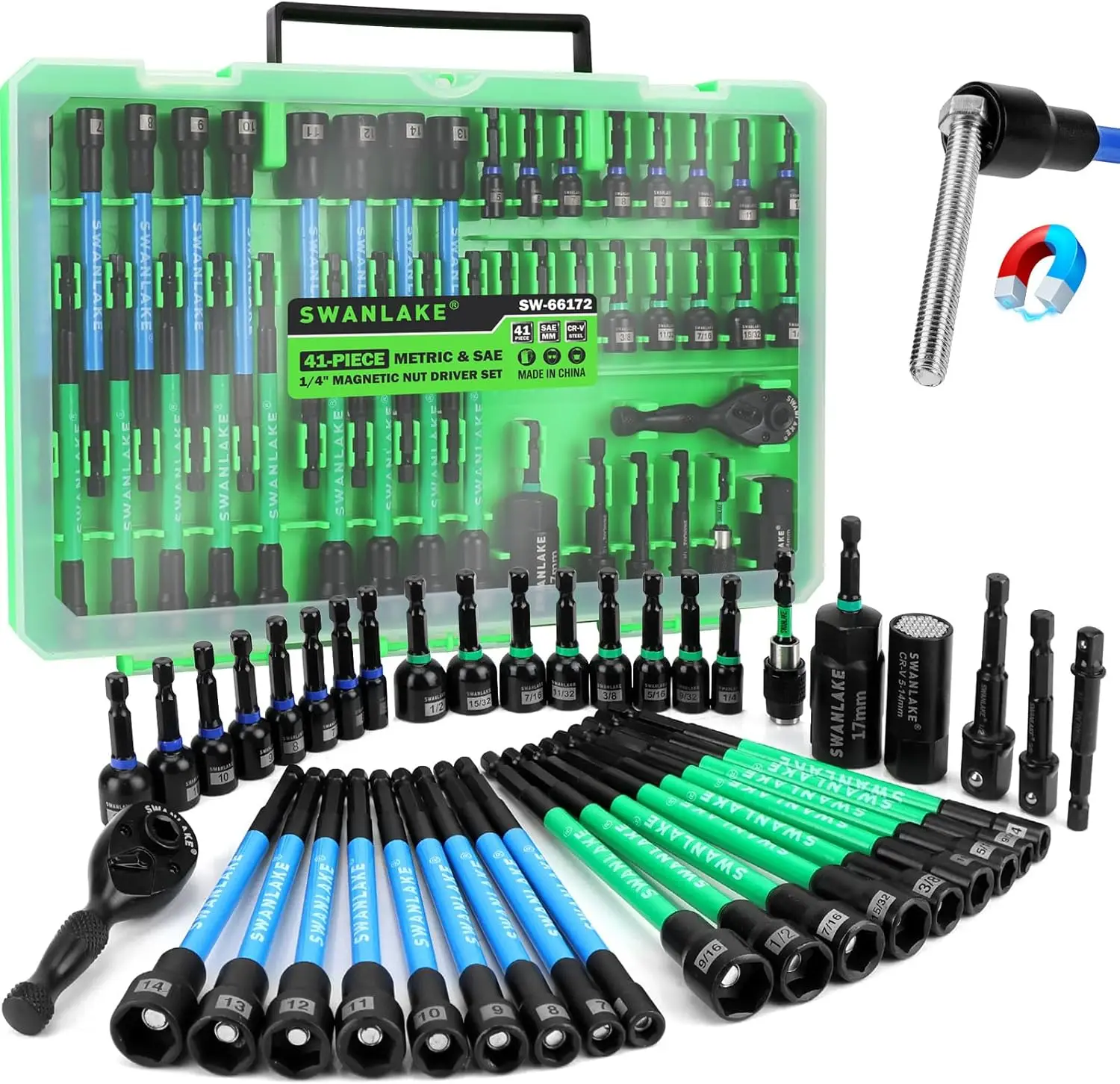 

41pc Magnetic Nut Driver Set for Impact Drill, Metric & SAE, Ratchet Handle, Universal Socket, 1/4" Bit Holder