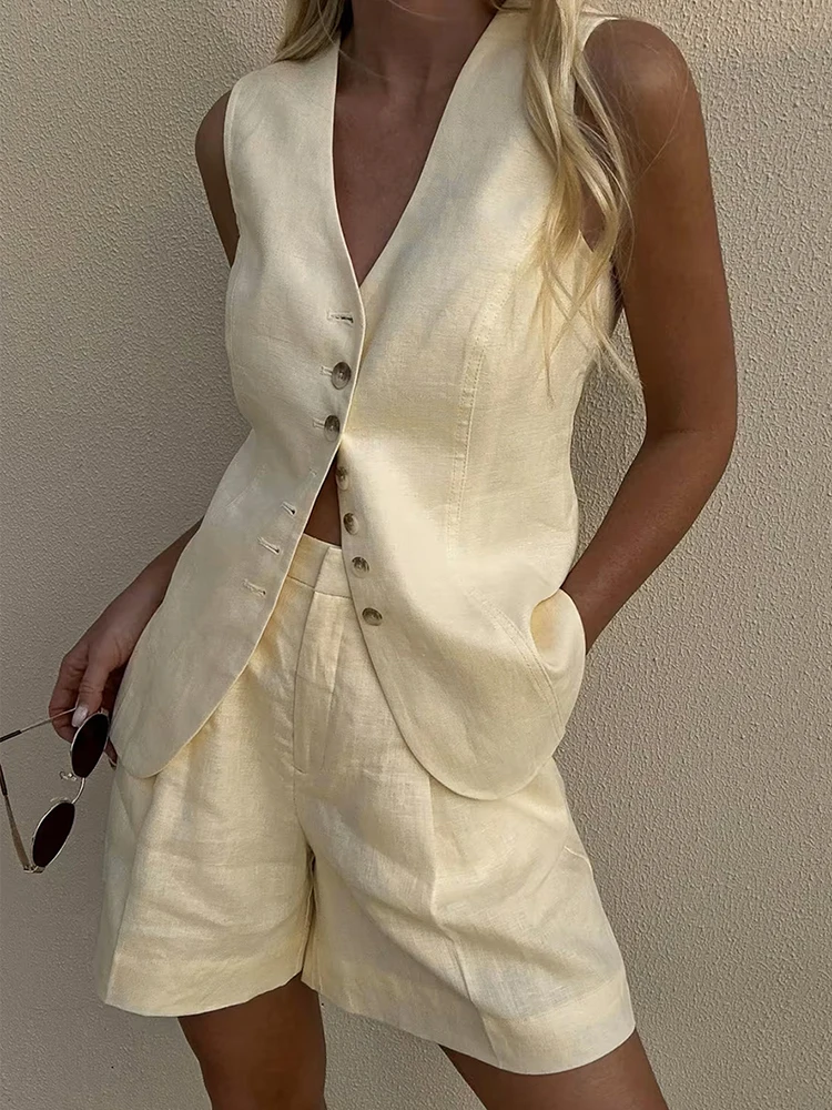 

Aynaray 2025 Women Spring Summer Holiday Linen Shorts Sets Solid V-neck Suit Two Piece Set For Women