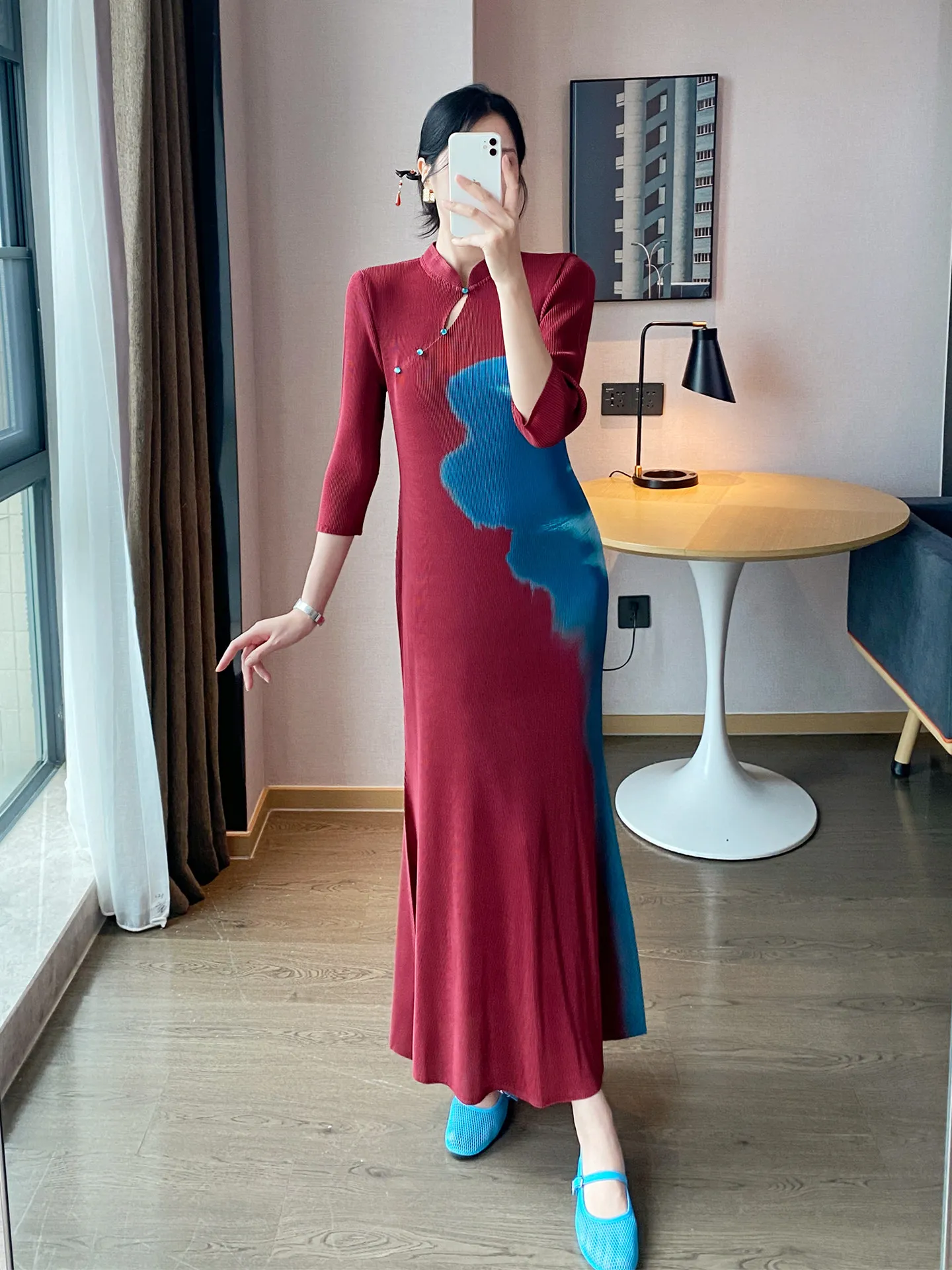 High Quality Women Elegant Evening Gown with Stand Up Collar Geometric Pattern Loose Elastic Design Banquet Attire