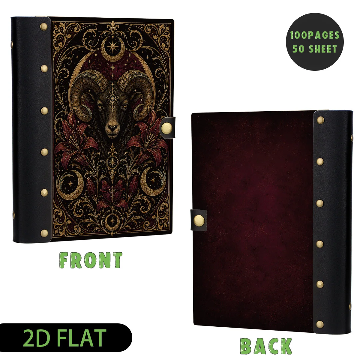 1pc Retro Burgundy Ram Moon Lily Wood Leather Binder Notebook, Refillable Loose Leaf, 2D Flat Hard Shell Metal Rivets, Premium E