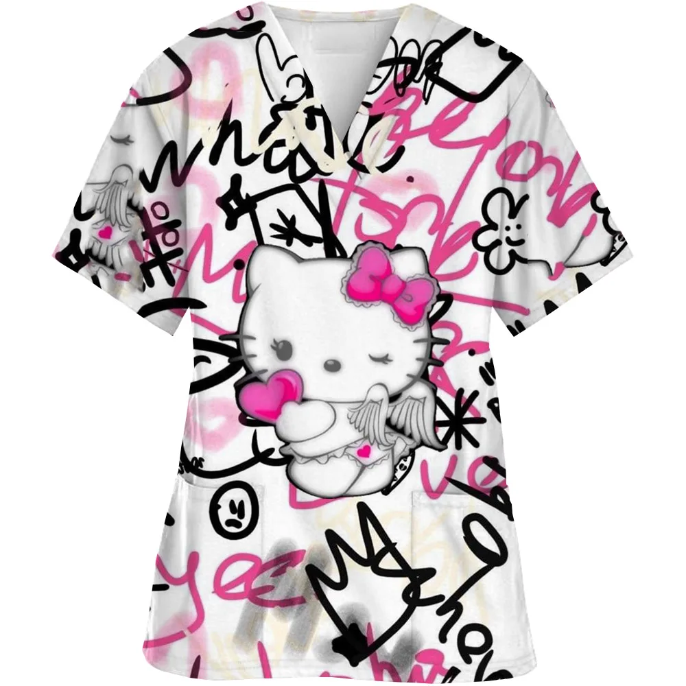 

Kawaii Nurse Uniform Scrubs Tops Womens Cartoon Hello Kitty Print Short Sleeve Pocket Overalls Uniforms Medical Nursing Blouse