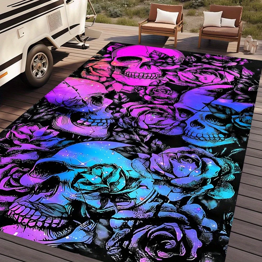 Area Rug Carpet Skull Non Slip Neon Rose Washable Gothic Punk Aesthetic RV Deck Patio Heavy Metal Rock Halloween Decor