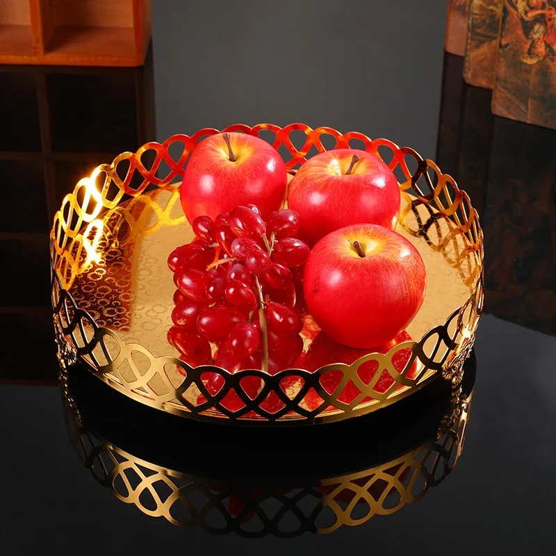 

Luxury Metal Fruit Tray Round Jewelry Display Plate Fruit Dessert Snack Nuts Storage Tray Home Living Room Wedding Decoration