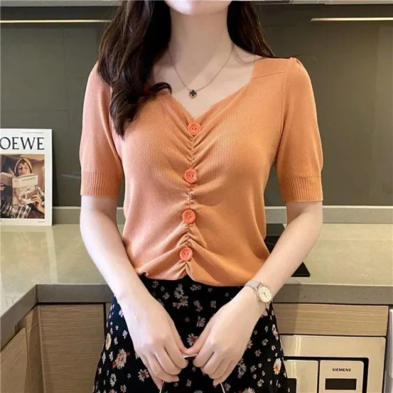 

Women's Orange Ribbed Knit Top V Neck Button Detail Short Sleeve Slim Fit Casual Top