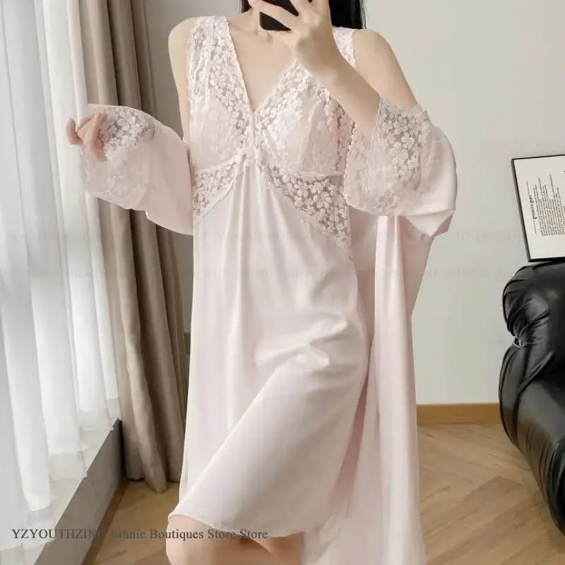 

SEXY Patchwork Lace Twinset Robe Set Nightgown Spring Summer Femlae Sleepwear Home Clothes Loose Ice Satin Bathrobe Loungewear