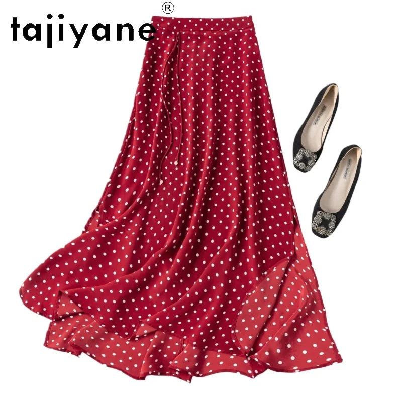 

TAJIYANE 100% Natural Mulberry Silk Women's Skirts Cherry Red Polka Dot Skirt Summer A-Line Long Skirts Woman Clothing 2026 юбка
