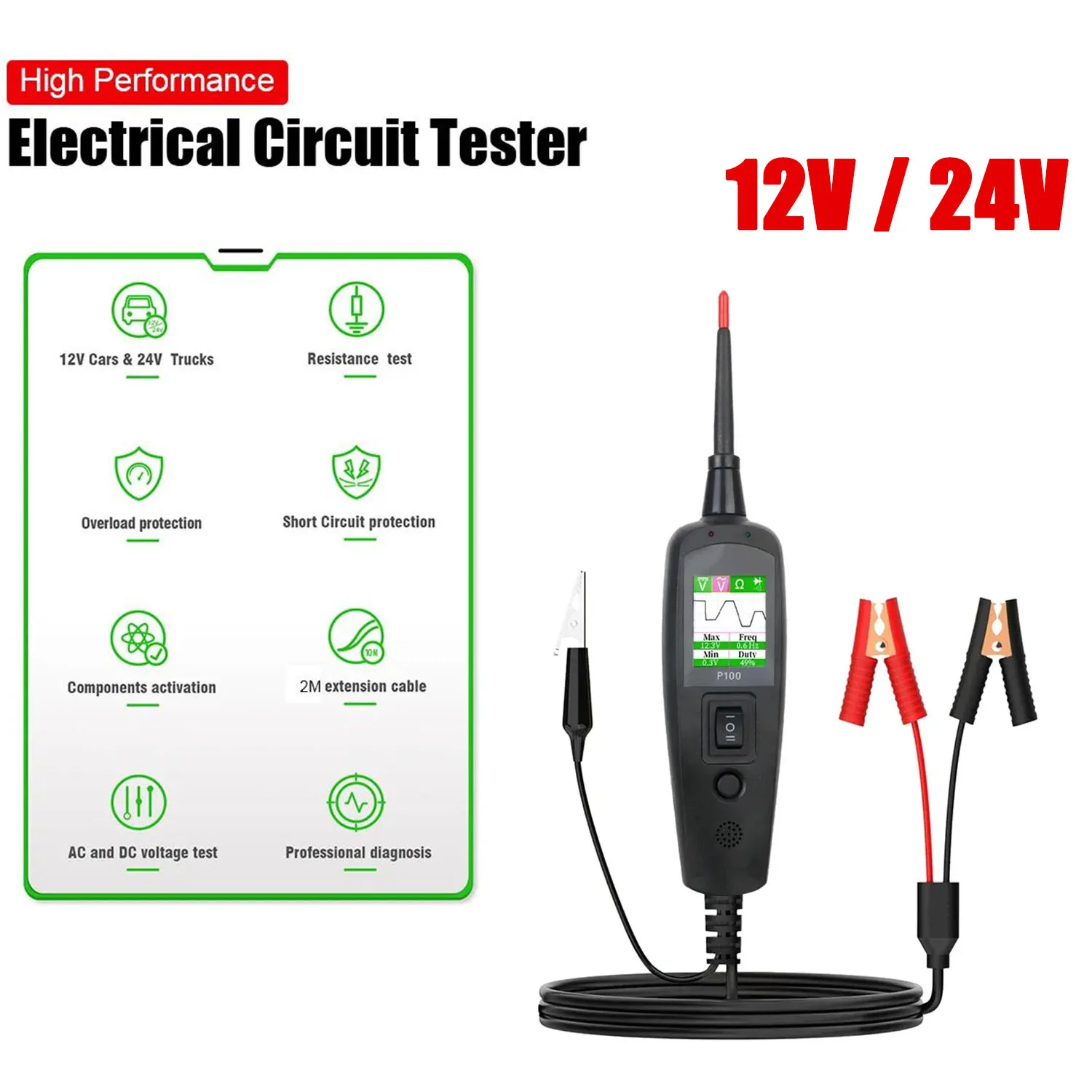 

P100 24V 12V Electrical Circuit Tester Probe Pen Kit Car Voltage Resistant Test Circuit Ignition Battery Scanner Diagnostic Tool