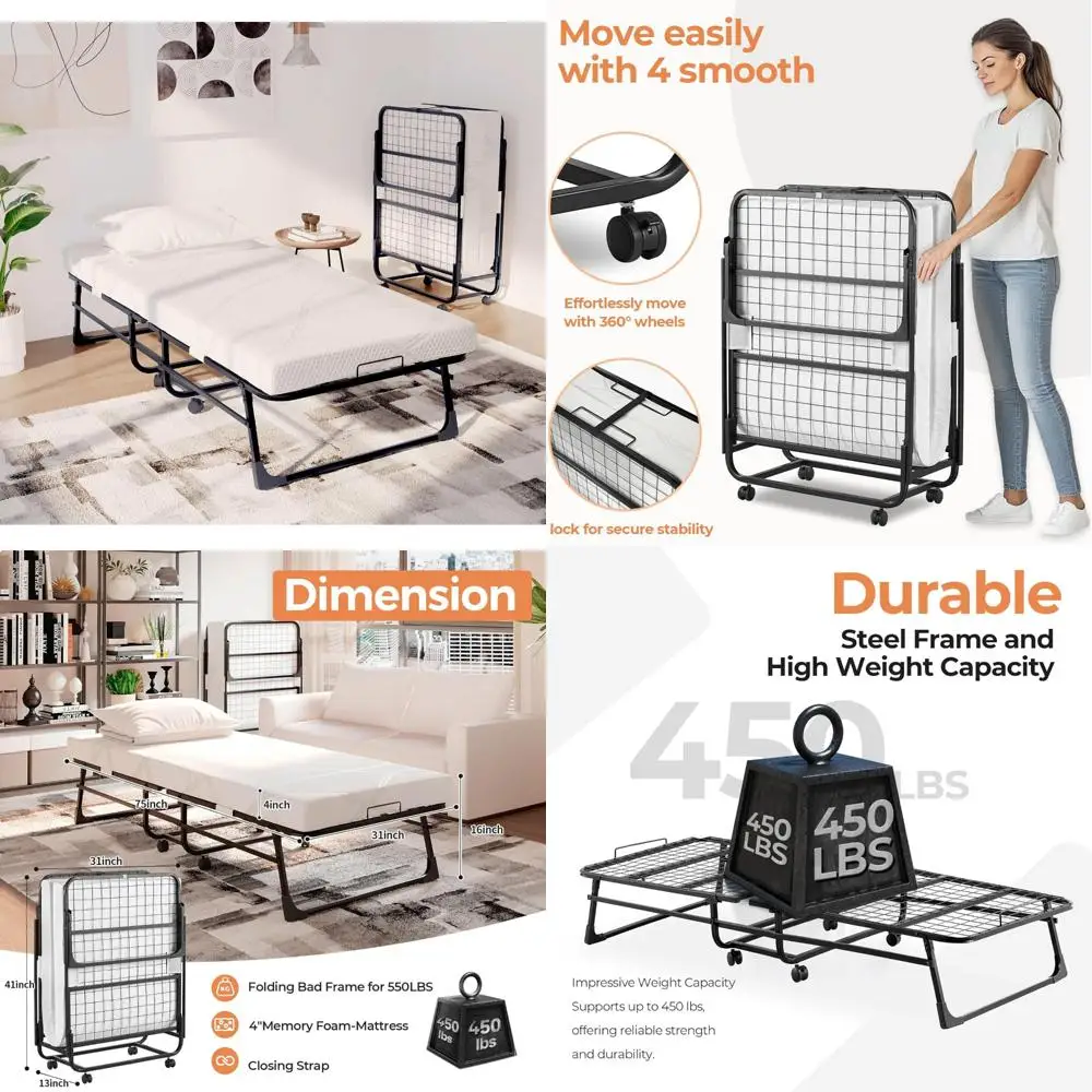 Materac z pianki memory składany - łóżko rozkładane 75x31 dla dorosłych, przenośne i oszczędzające miejsce, wytrzymała metalowa rama z kółkami, idealny