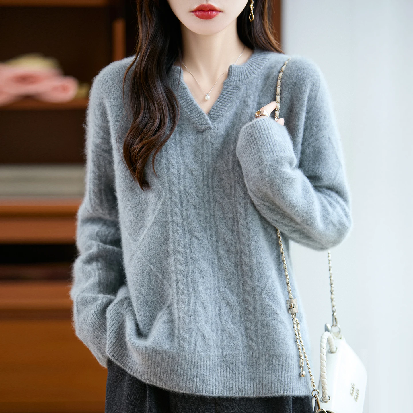 

100% Merino Wool Winter Thicken Women Sweater Round V-neck Pullover Thicken Jacquard Knitwear Retro Long Sleeve Clothing Tops