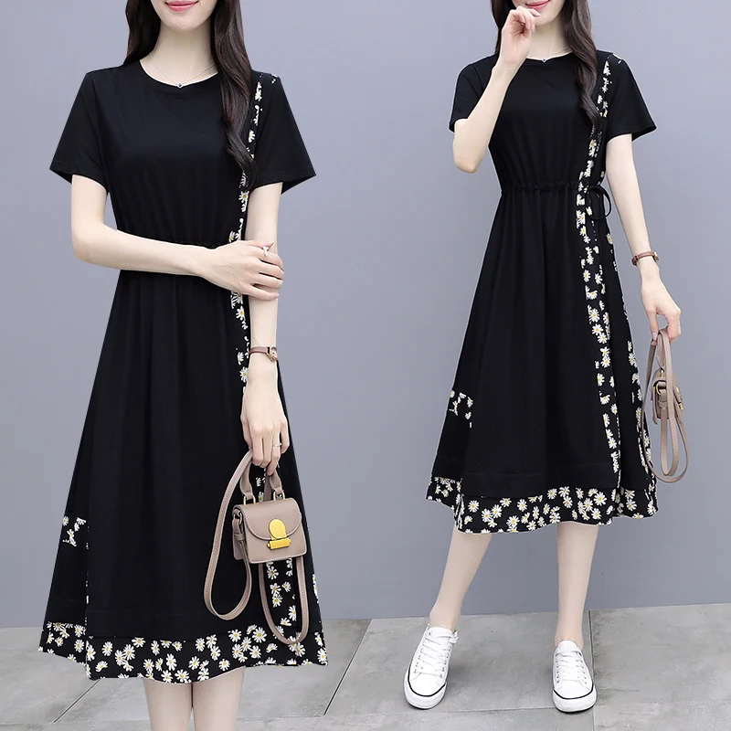 Daisy long t-shirt dress women Europe and South Korea large size loose stitching dress summer A889