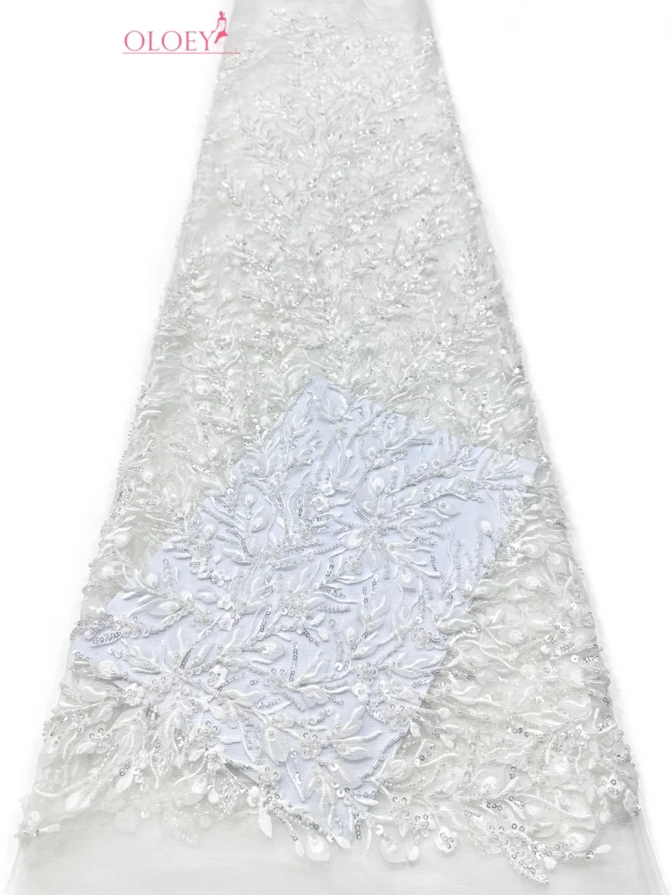 OLOEY African Beaded Mesh Embroidered Lace Fabric 2026 Elegant French Bridal Sequined Lace Fabric Bridal Party Wedding Gown