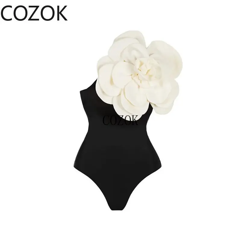 Women Swimsuit Simple Solid Color One-Piece with Cluster Decoration In Black/White on The Shoulders, Fashionable and Elegant