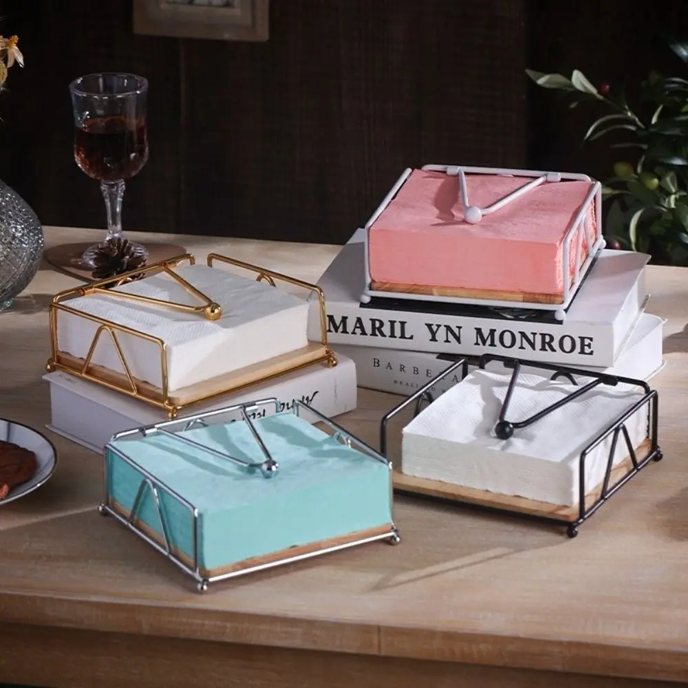 

Reusable Wooden Base Flat Napkin Holder Square Modern Style Paper Towel Dispenser Metal Decorative Serviette Holder Home