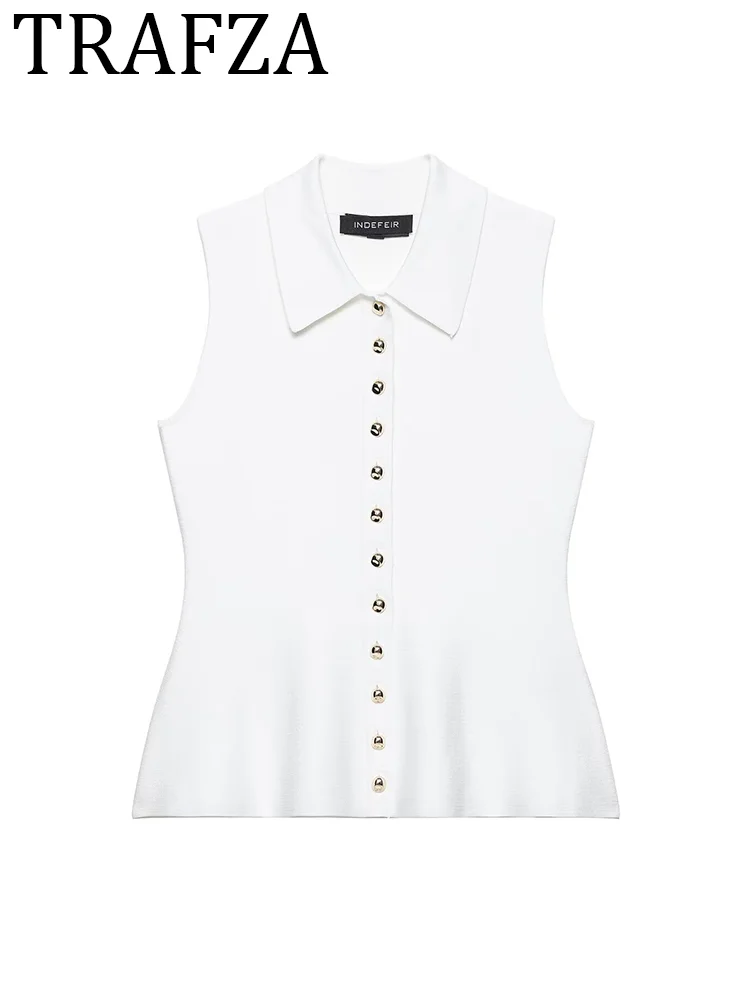 

TRAFZA 2025 Top Women Knit Vest Top Sleeveless Lapel Collar Button White Waistcoat Woman Summer Elegant Knitwear Tank