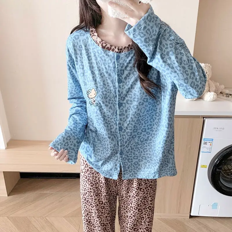 

Пижамный комплект Kitty Cat, женский пижамный комплект, синий леопардовый принт, ледяной шелк, летний комплект домашней одежды с короткими рукавами для девочек, подарок