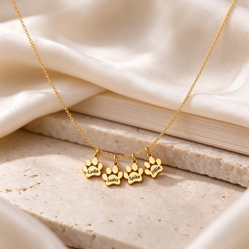 Custom Engraved Paw Print Name Necklace Personalized Stainless Steel Women's Multiple Dog Cat Name Pendant Jewelry Memorial Gift