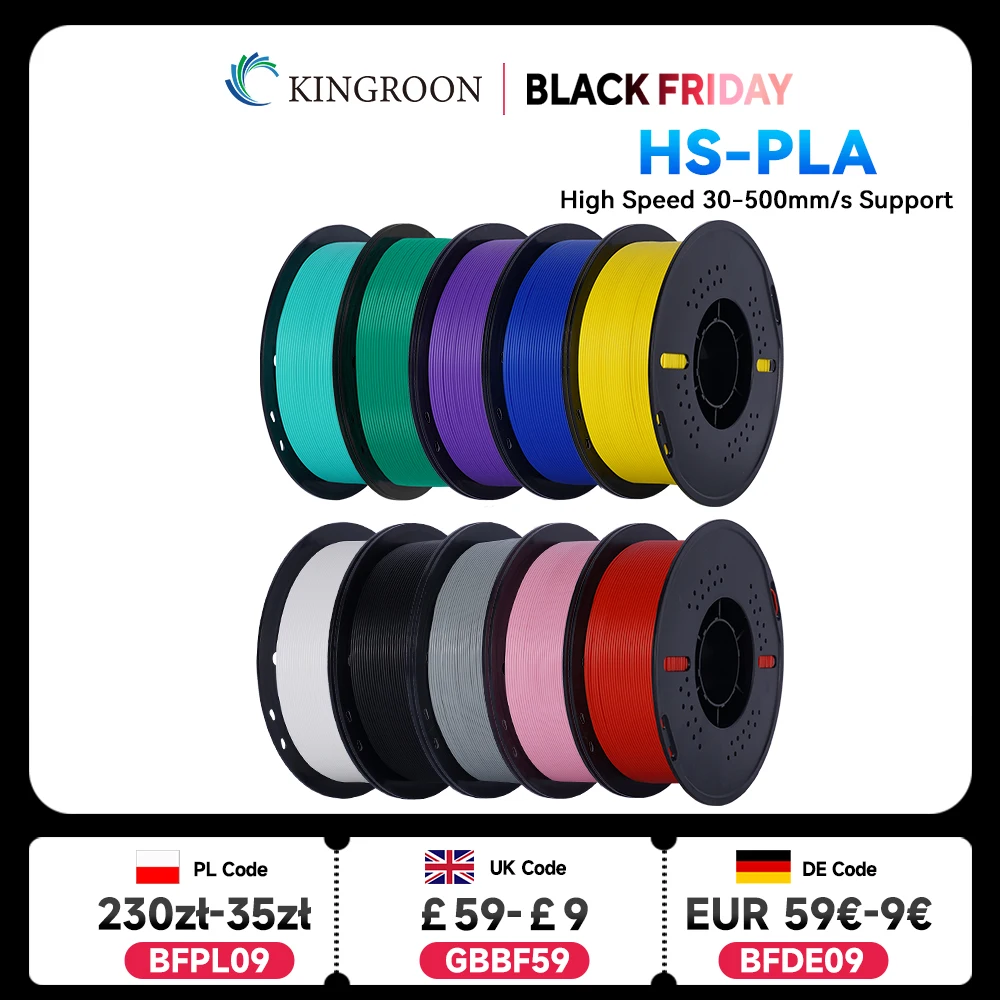 KINGROON高速PLAフィラメント1.75mm 新型HS-PLA 3Dプリンターフィラメント 30-500mm/s高速印刷対応 ラピッドPLA 5kg 10kg ミックスカラー