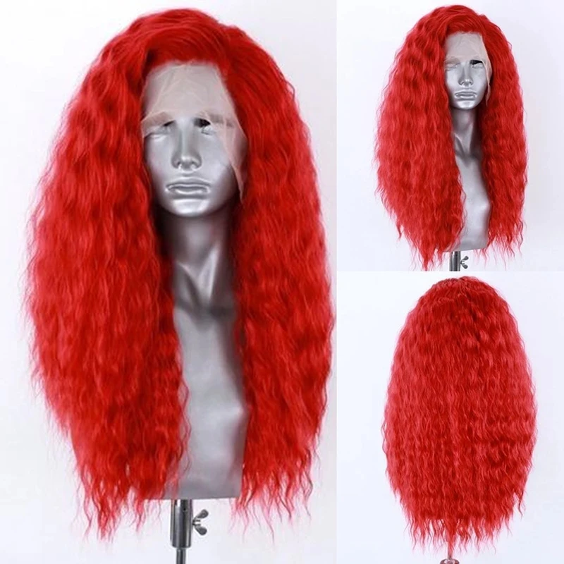 

Red Color Loose Curly Synthetic Hair Long Lace Front Wig for Women Free Part Pre Plucked Natural Looking for Daily Cosplay Use