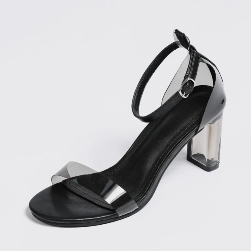 2023 Women Sandals Clear Heels Summer Chunky Heeled Sandals Sexy One Strap Peep Toe Party Prom Ankle Buckle Block Heel Big Size