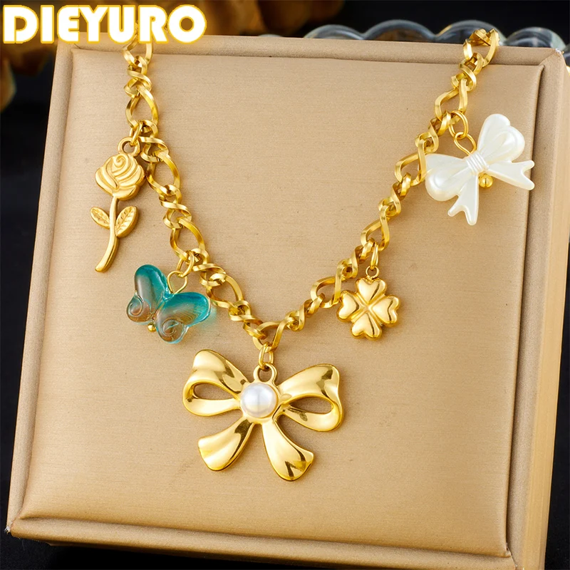 

DIEYURO 316L Stainless Steel Bowknot Pearl Rose Flower Necklace For Women Trend Fashion Bow Clavicle Chain Jewelry Holiday Gift