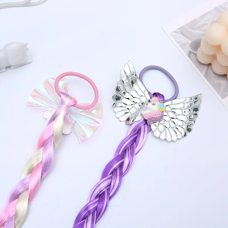 Cute Wigs Ponytail for Kids Girl Candy Color Cartoon Unicorn Butterfly Bow Ponytail Hair Ornament  Rubber Bands Headwear Braid