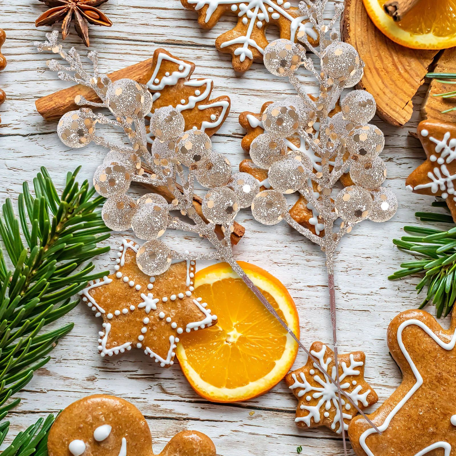 

10Pcs Artificial Berry Stems Christmas Decorations Glitter Fake Berry Branch for Tree Wreath 19x5x5cm Centerpiece Decoration