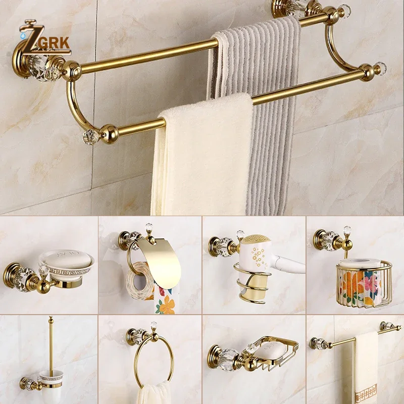 ZGRK Classical Bathroom Hardware Set Gold Polished Bath Accessories Wall-Mounted Towel Bar Paper Holder Towel Ring Soap Dish