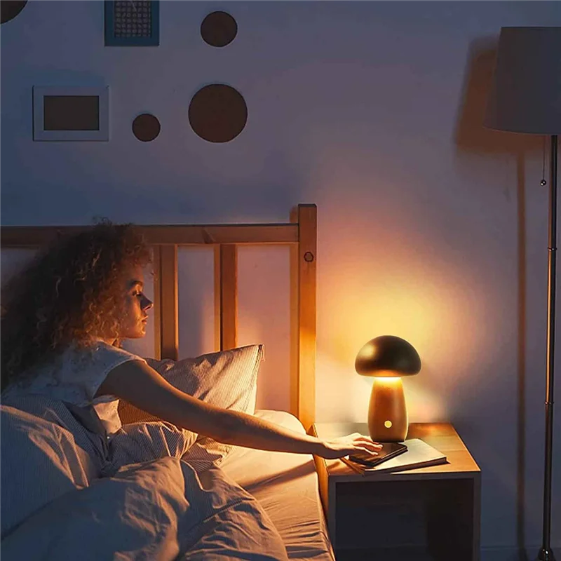 IALJ-Madeira criativa forma de cogumelo luz noturna lâmpada de mesa de cabeceira stepless escurecimento 3 cores recarregável luz de dormir nightlig