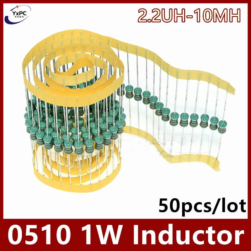 50pcs 0510 1W Inductor DIP Color Ring Inductance 0.22uH 10mH 1 2.2UH 3.3 4.7UH 6.8 10 22 33UH 47 68 100 150 220 330 470 uH mH