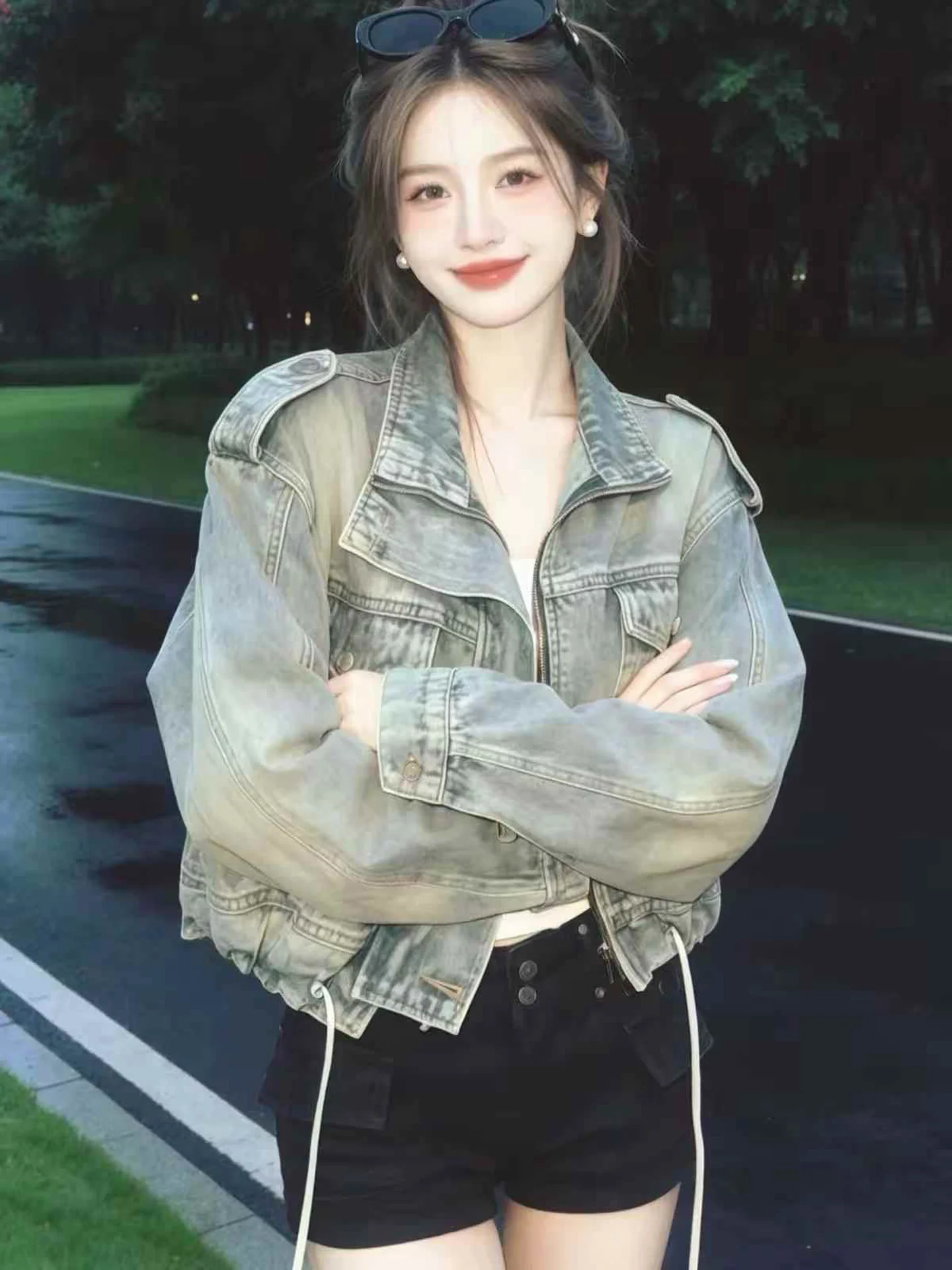 Retro American Motorcycle Style Zipper Denim Jacket Women's Short Gradient Color Fashionable Workwear Jacket Top