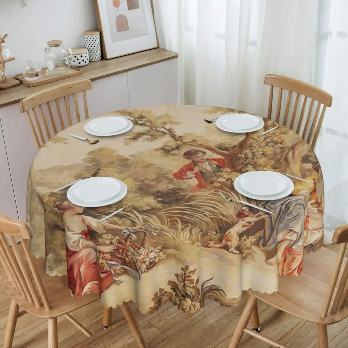 

Round Aubusson Tapestry French Tablecloth Waterproof Oil-Proof Table Covers 60 inches European Floral Flowers Table Cloth