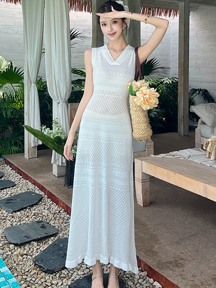 

White Knitted Jacquard Hollow Out Chic Women's Dress Summer Elegant Sling Long Dress 2025 Korean Fashion Casual Holiday Dresses