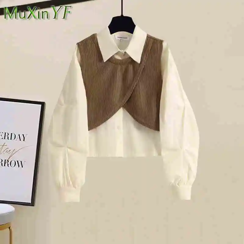 المرأة الخريف/الشتاء جديد خمر رياضية مطابقة مجموعة 2025 الكورية أنيقة وهمية قطعتين سترة قميص + السراويل فضفاضة تنورة دعوى