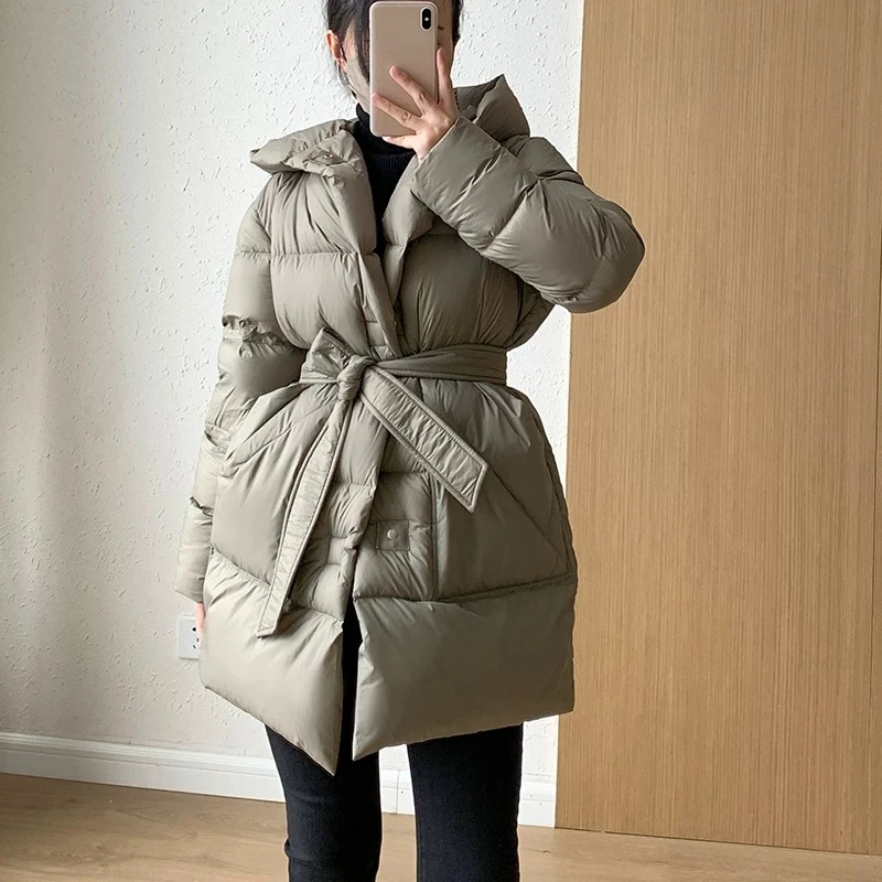 Winter New Puffer Coats Jackets for Women Simple Solid Slim with Belt Outerwears Thick Warm Hooded Snow Mid-length Down Jackets