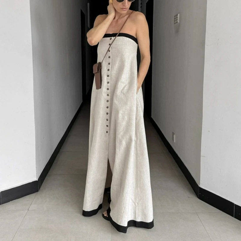 

Платье-сарафан из хлопка и льна в стиле пэчворк с контрастными вставками, свободного кроя, для женщин, осень 2026, новая модная коллекция, элитное, без бретелек, длинное.