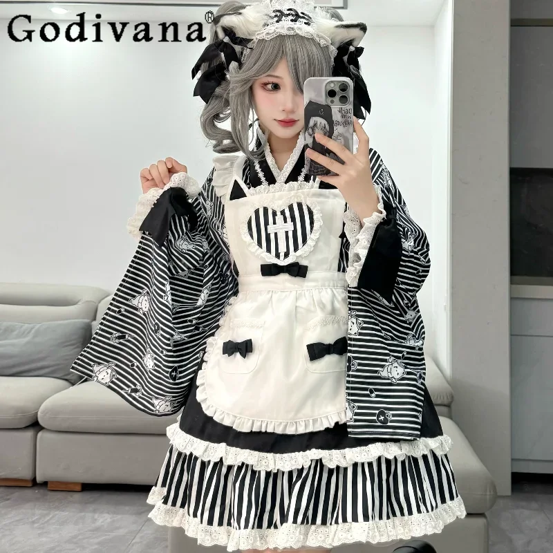 Japanese Original Maid Costume Women Kawaii Y2k Three Piece Dress Set Female 2024 Autumn Fashion Mid-Length Stripe Dress Suit