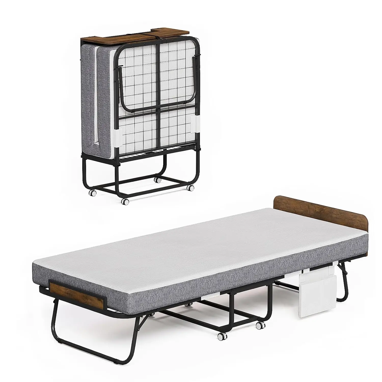 Folding Bed 5" Mattress Wooden Headboard Side Pocket Cot Size Portable Guest Bed Home Office Easy Storage 75x31, Customized