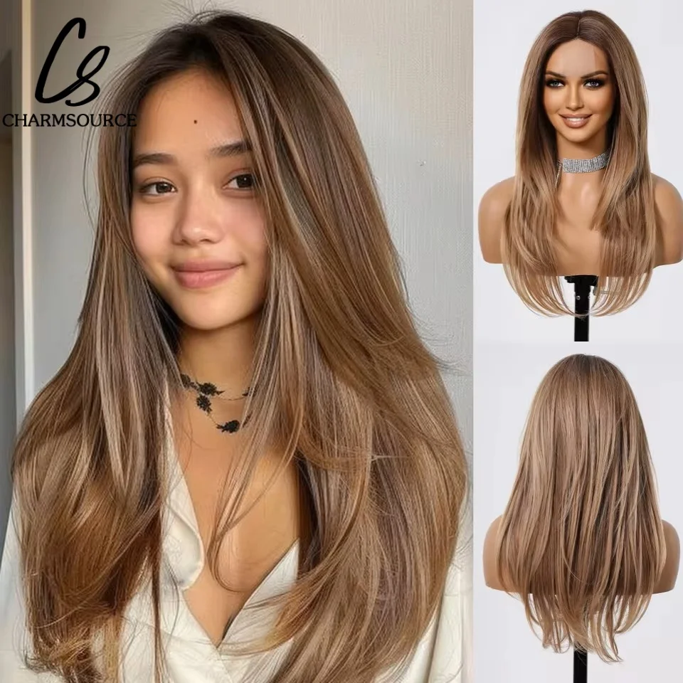Brown Ombre Balayage Long Straight Layered Synthetic Wig with Curtain Bangs for Women Highlighted Hair Natural for Daily