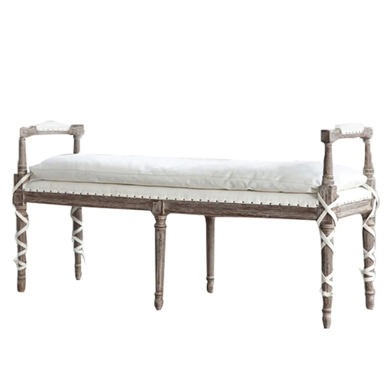 

American solid wood retro carved shoe stool, dining table French country old bedside double chair stool