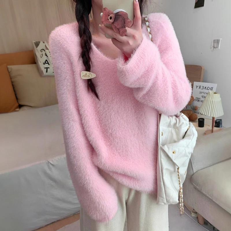 Brush Mohair Pullover Sweater Women Long Sleeve Fuzzy Knit Plain Jumper Knitwear Teen-girl Fall Winter Daily Outfit