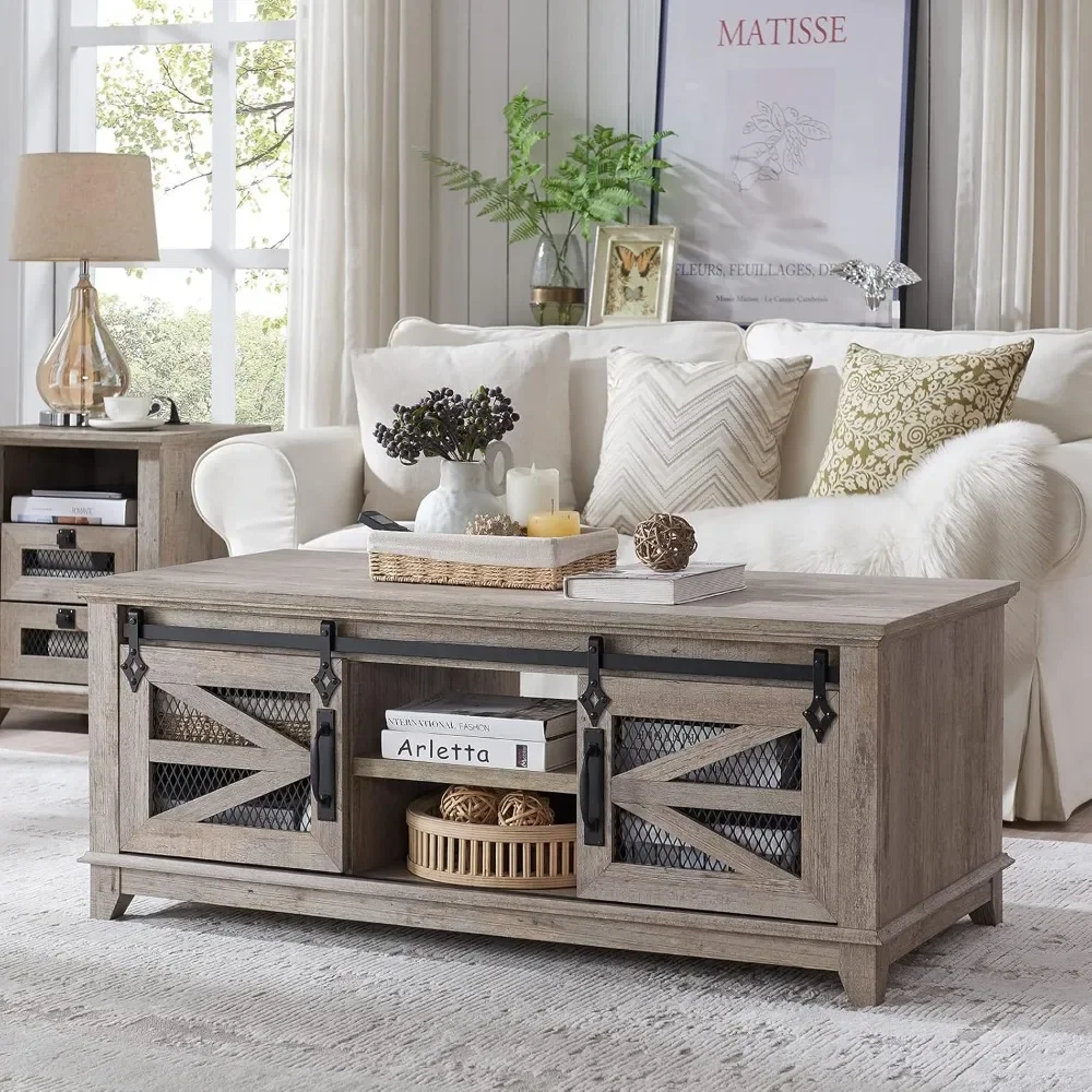 48'' Coffee Table with Storage & Sliding Barn Doors, Farmhouse & Industrial Cocktail Table w/Adjustable Shelves