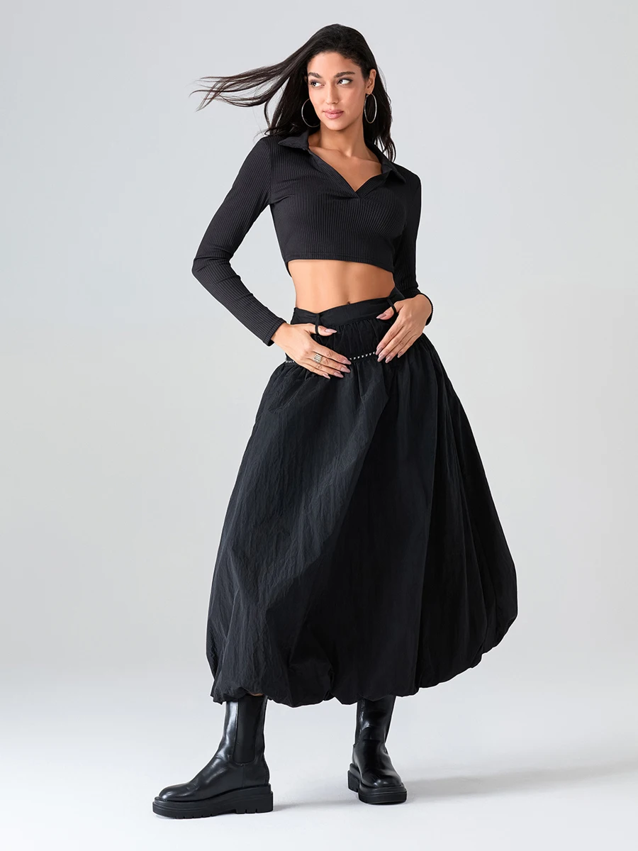 wsevypo Punk Style Bubble Long Skirts Women Rivet Decor Elastic High Waist Loose Skirts for Streetwear Grunge Aesthetic Clothes