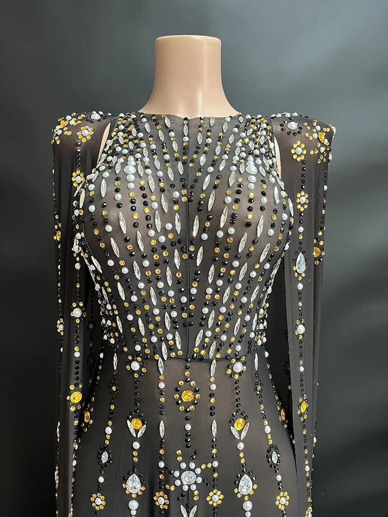 Birthday Party Stage Performance Long Sleeve Shiny Diamond Black Ladies Sexy Mopping Evening Dress Women's Evening Festive Dress