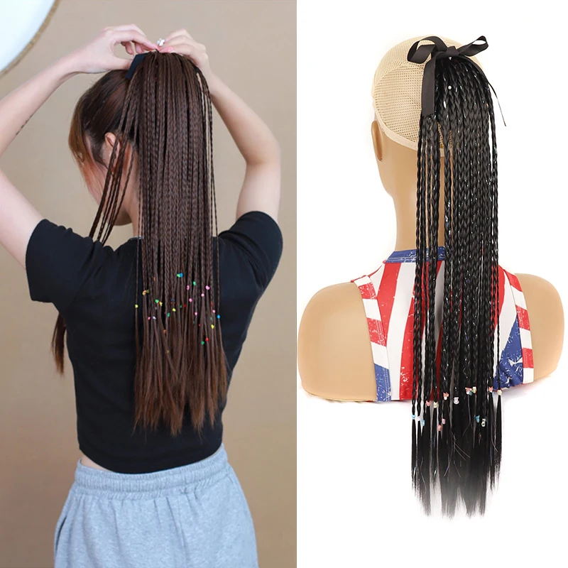 

20inch Box Braided Ponytail Synthetic Tie On Ponytail Clips In Hair Extensions False Overhead Around Fake Box Braids Hairpiece