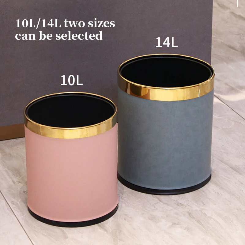 10L Stainless steel  Leather open top pink trash bin ,double layers metal  garbage bin for bedroom,office,hotel