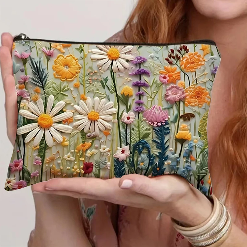 Bolsa de maquiagem de lona floral com zíper bolsa com forro margarida flor selvagem organizador de higiene pessoal viagem feminina saco de armazenamen
