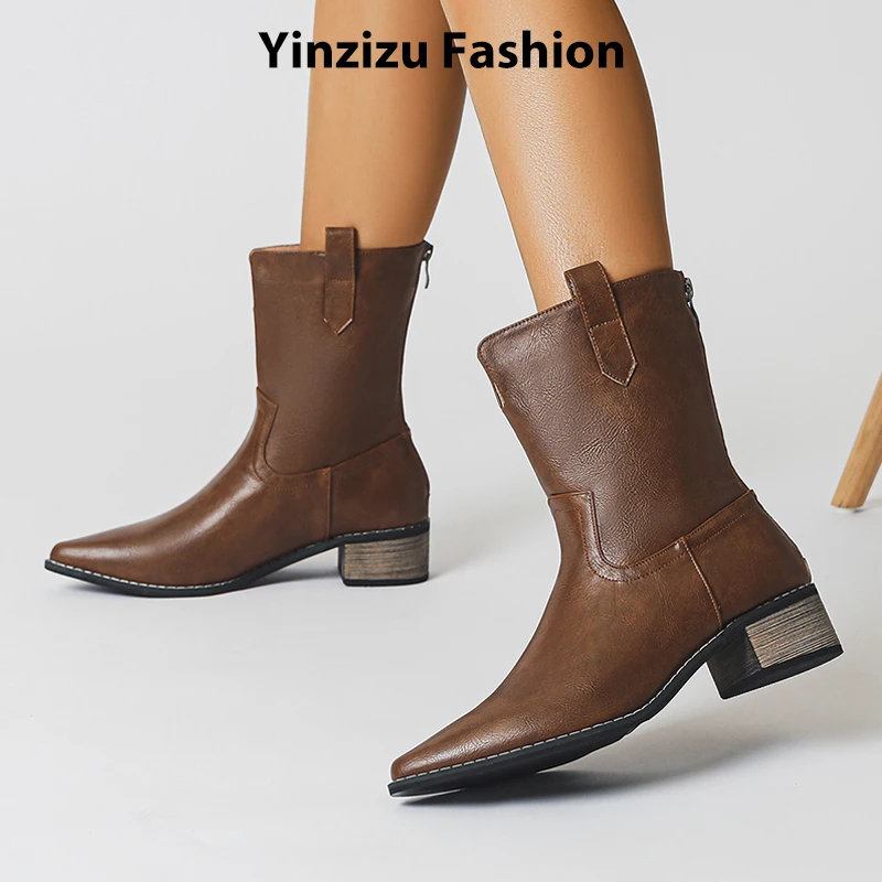 

2025 Women Back Zipper Ankle Boots Woman Shoes Pointed Toe Low Heel Autumn Retro Short Boots 35-43